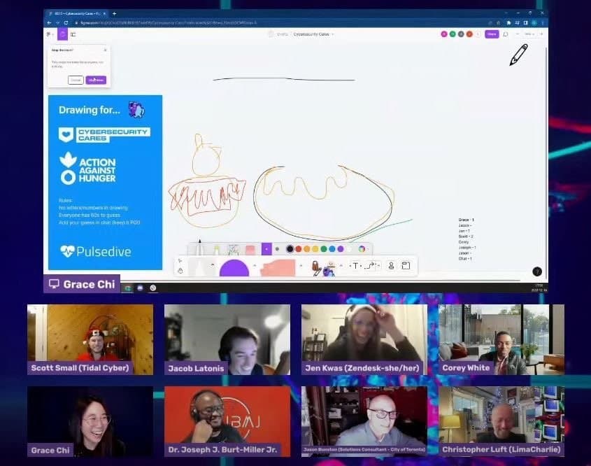 Cybersecurity Cares telethon game session with a cybersecurity Pictionary round.
